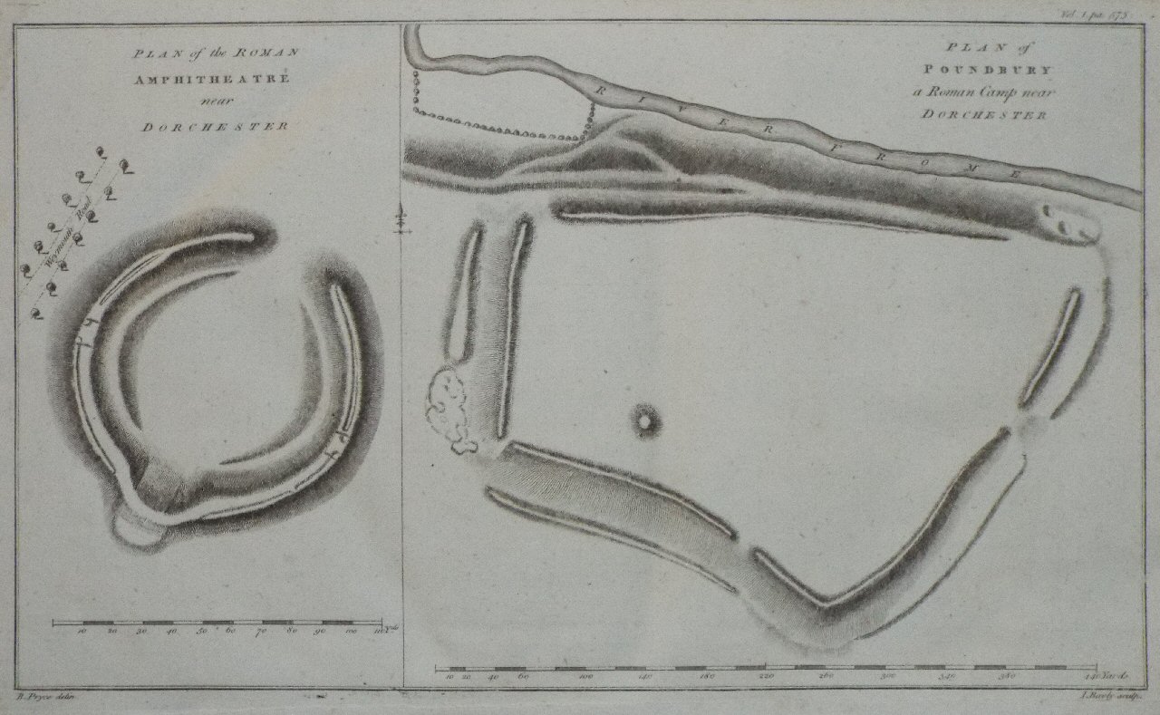 Print - Plan of the Roman Ampitheatre Near Dorchester. Plan of Poundbury, a Roman Camp near Dorchester. - Bayly